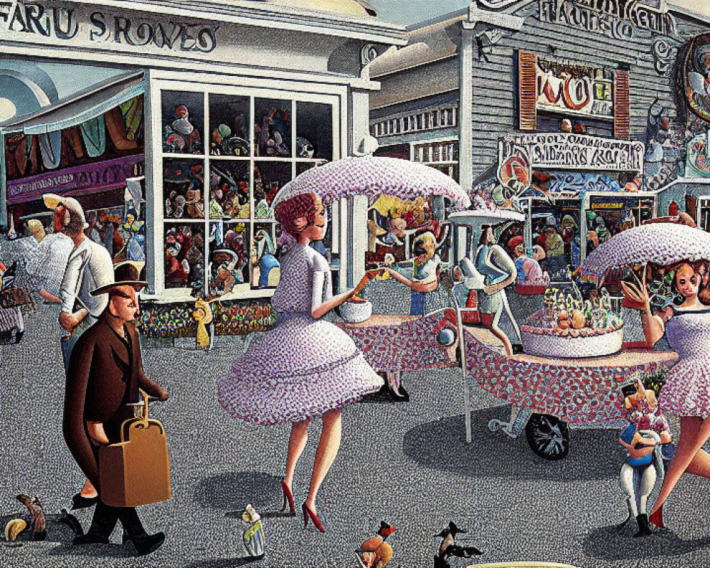 Colorful Vintage Street Scene Illustration with Retro Attire and Unique Shops