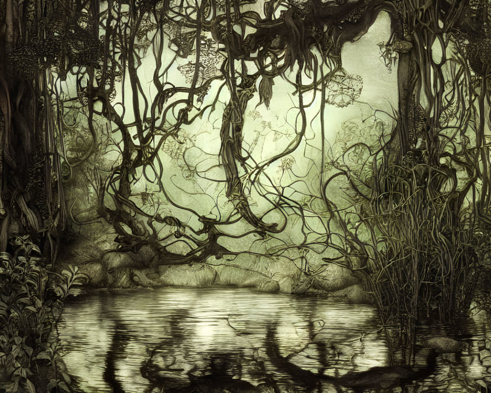 Monochrome illustration of eerie tangled forest with twisted trees and overhanging vines.