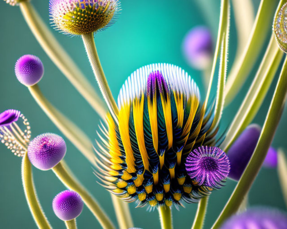 Close-up of blooming and closed thistle flowers in purple and yellow-green on teal background