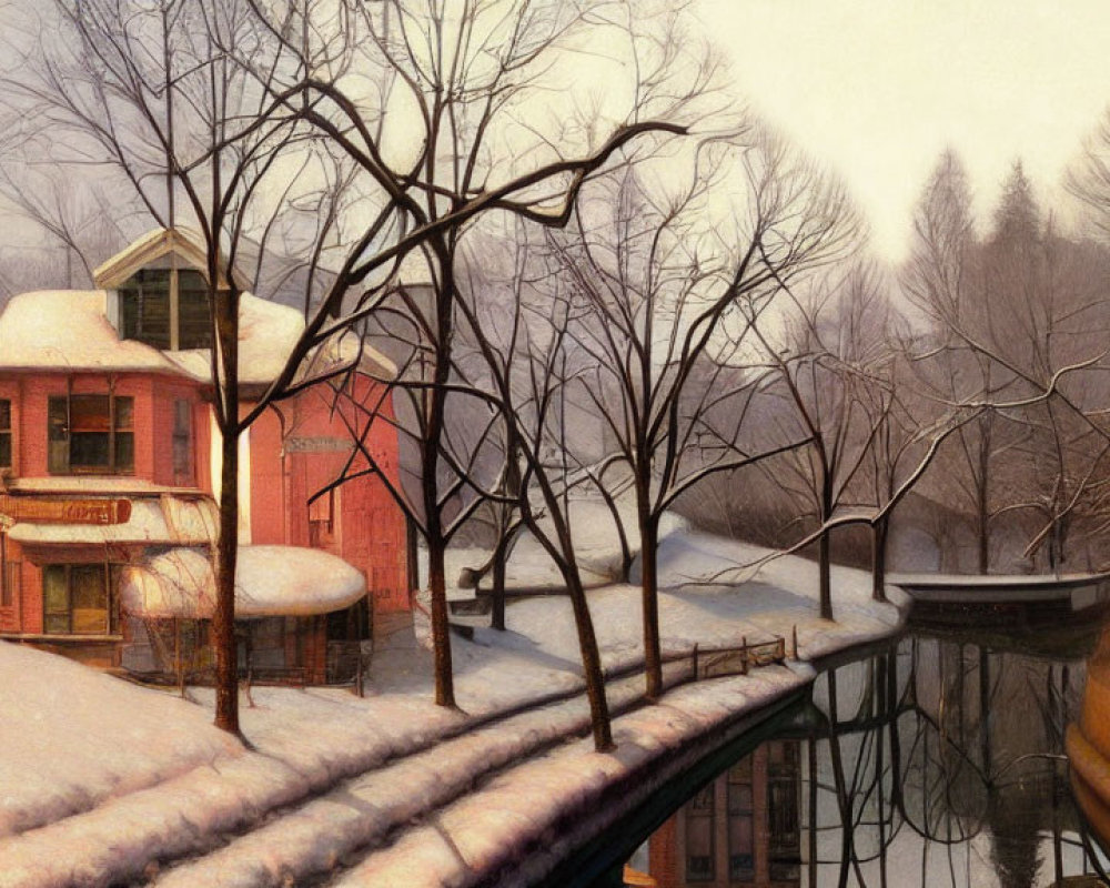 Snow-covered trees and house by calm river in serene winter scene