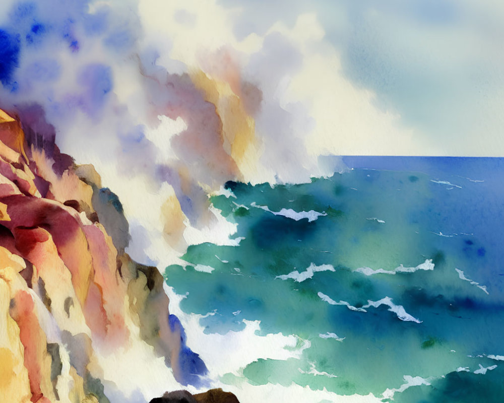 Watercolor painting: Sea waves crashing on rugged cliff under expressive sky