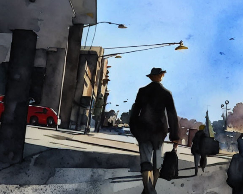 Person in coat and hat walking on city street with long shadow, cars, and streetlights