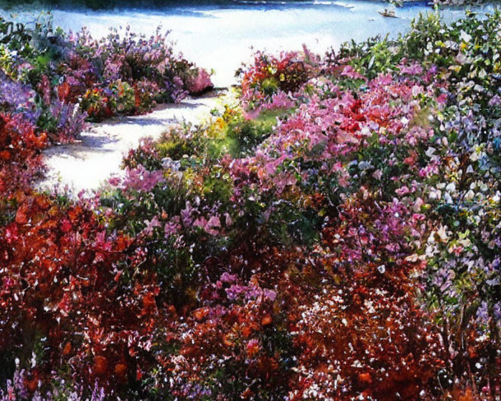 Colorful watercolor painting of lush landscape with blooming flowers and river.