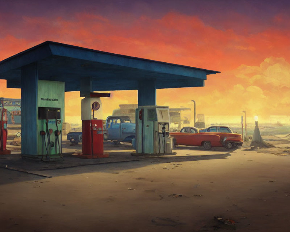 Vintage gas station with classic cars under dramatic sunset sky