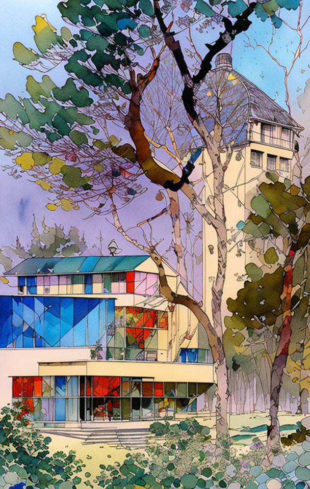 Vibrant modern building surrounded by colorful trees and foliage