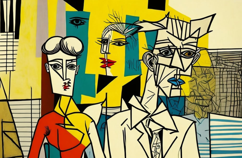 Three Stylized Figures in Abstract Art with Cubist Influences