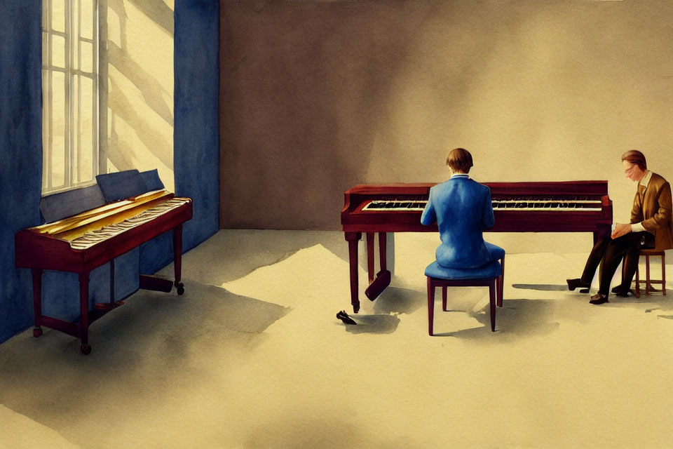 Person in blue top plays red grand piano in room with large windows.