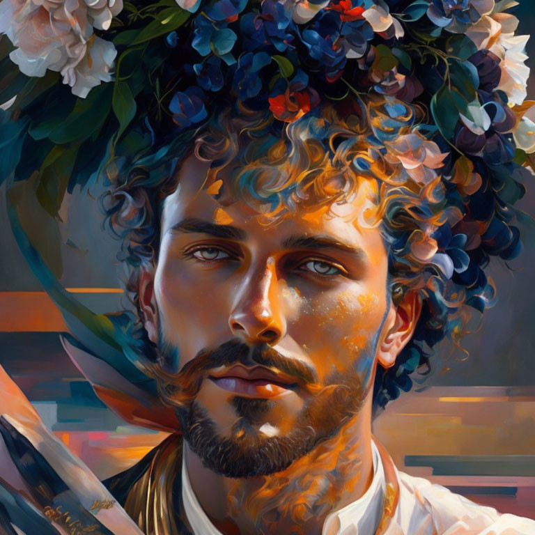 Vibrant digital painting of a man with floral crown in contemplative pose