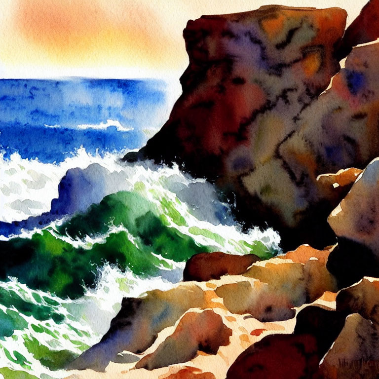 Scenic watercolor painting of rocky coastline at sunset