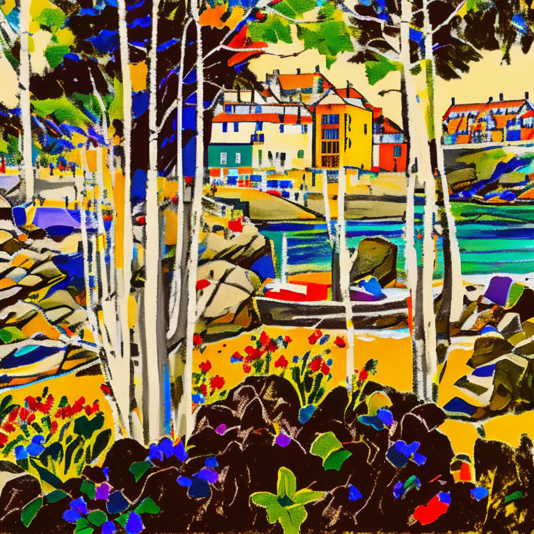 Vibrant coastal village scene with birch trees, flowers, houses, and boats