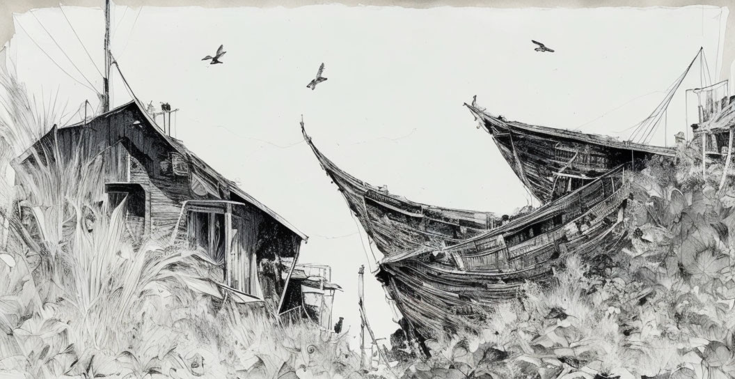 Detailed black and white sketch of weathered boats, hut, foliage, and birds