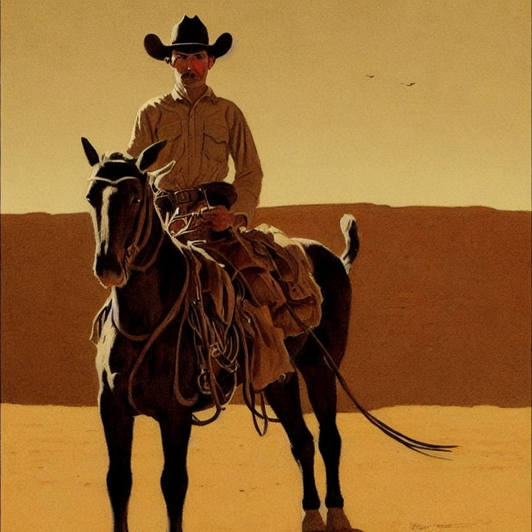 Cowboy on horseback in desert with wide-brimmed hat and birds flying