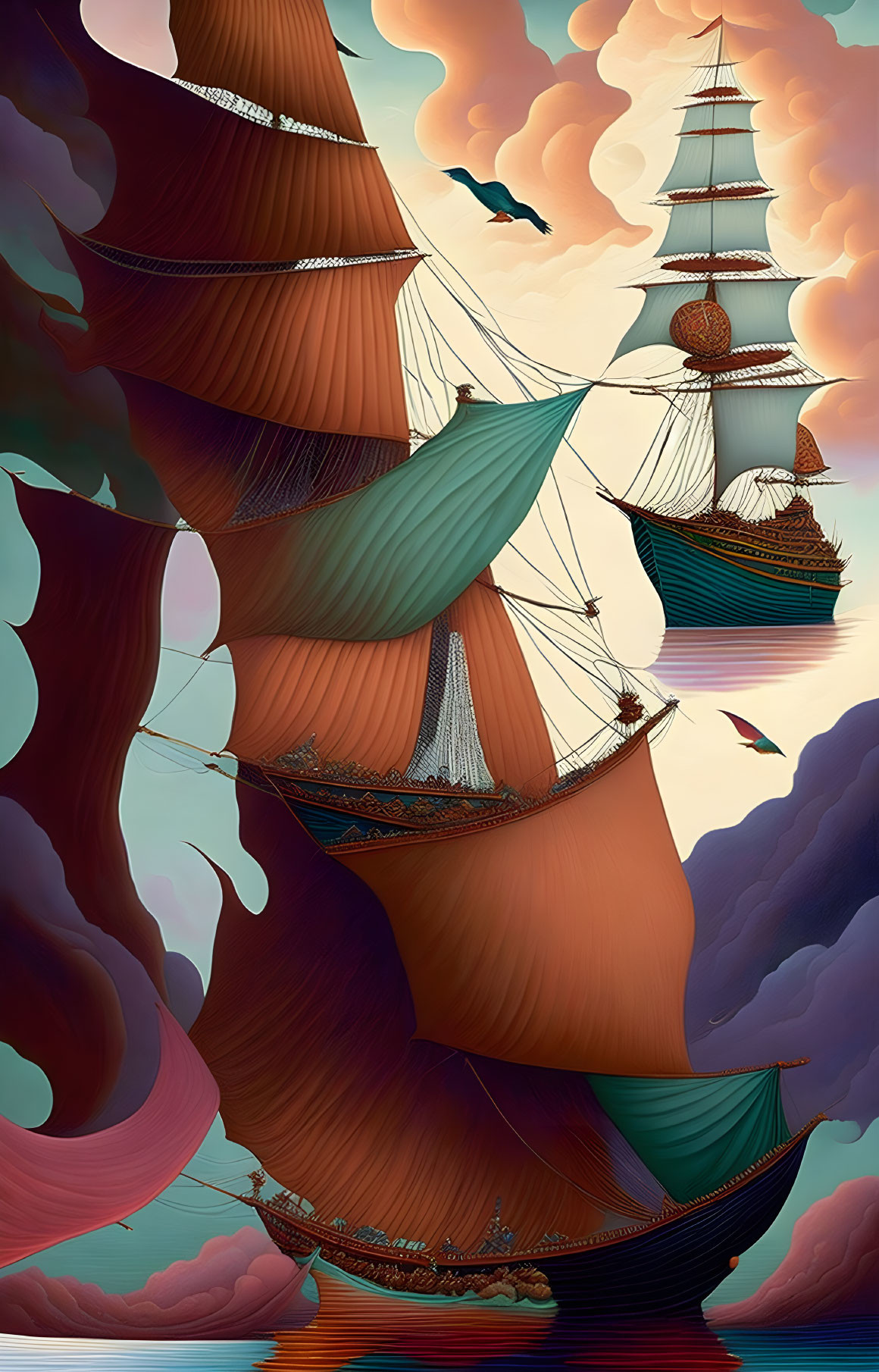 Surreal ship and tree-like structures in pastel skies