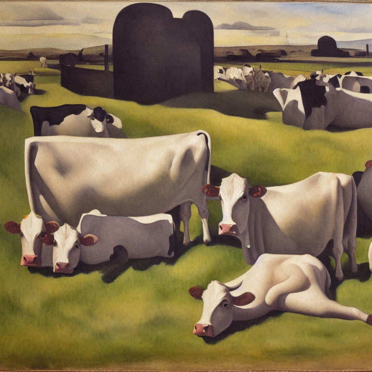Stylized painting of cows in flat landscape with dark hills