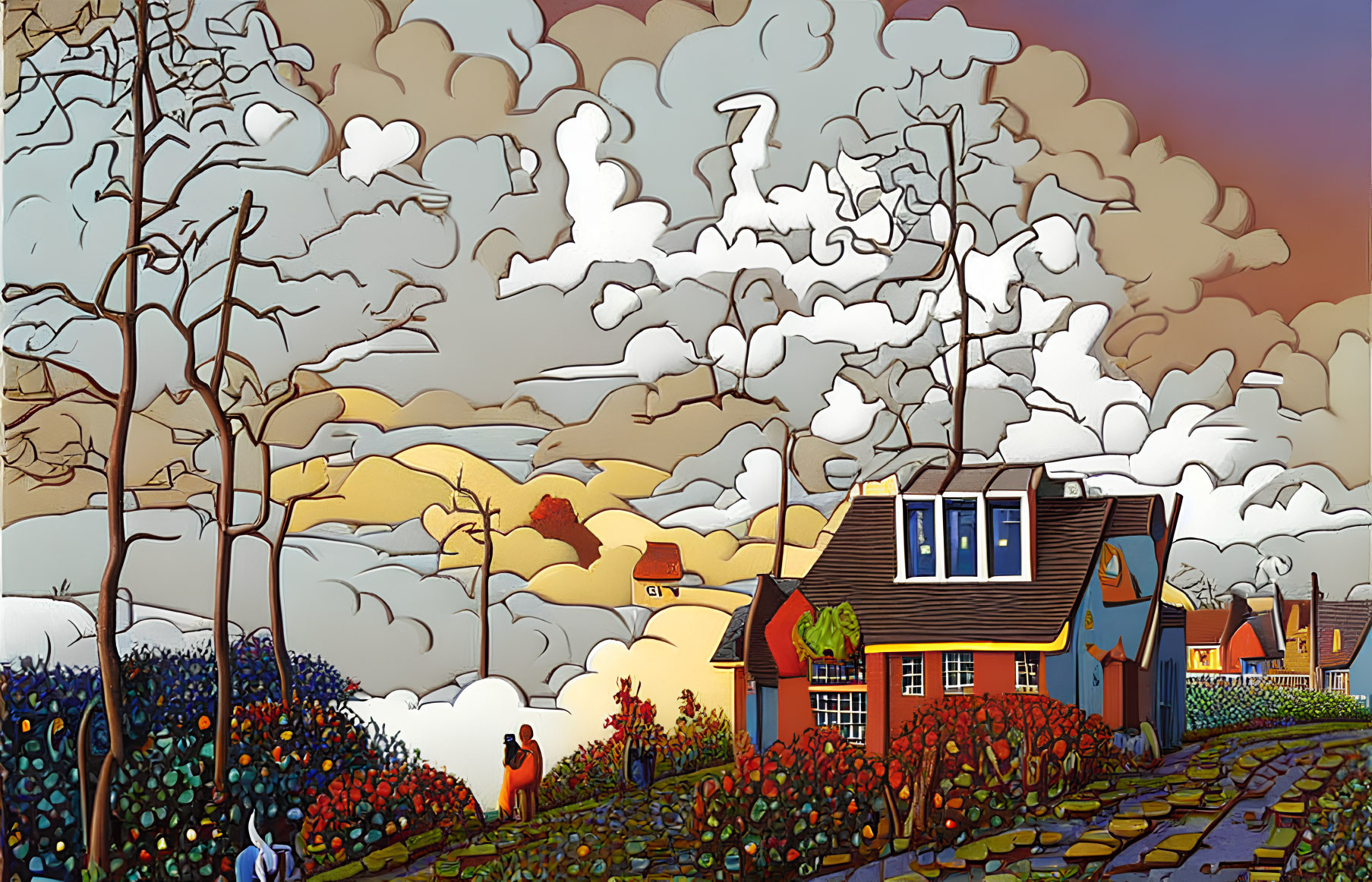 Colorful landscape illustration with vibrant house, leafless trees, dynamic sky, and figure by fence