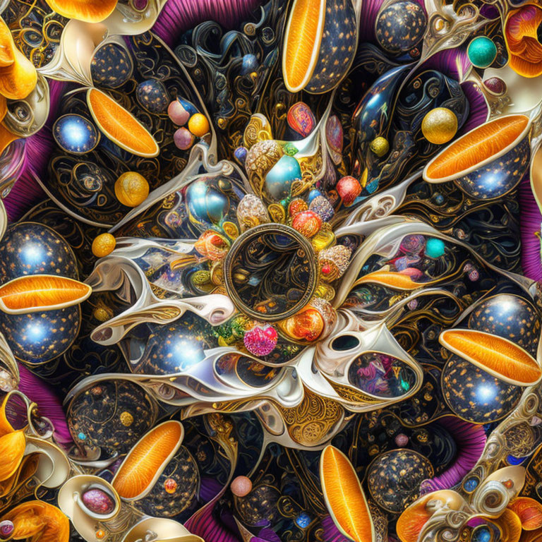 Colorful fractal digital artwork with cosmic motifs and gold accents