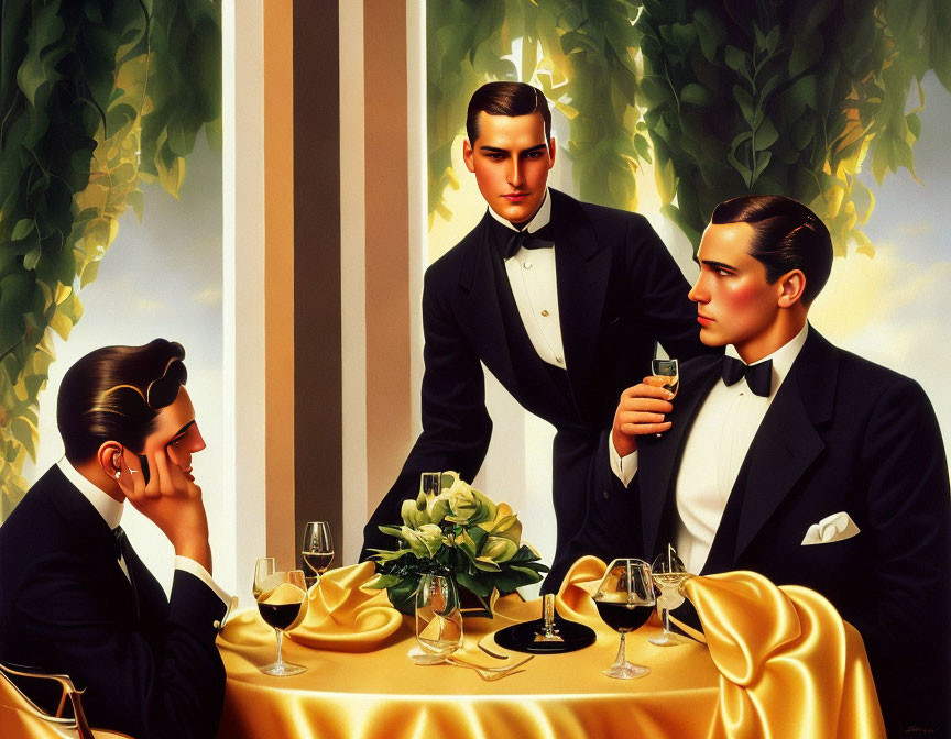 Elegant soirée with three men in black tuxedos