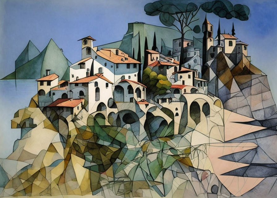 Colorful Cubist Painting of Fragmented Landscape