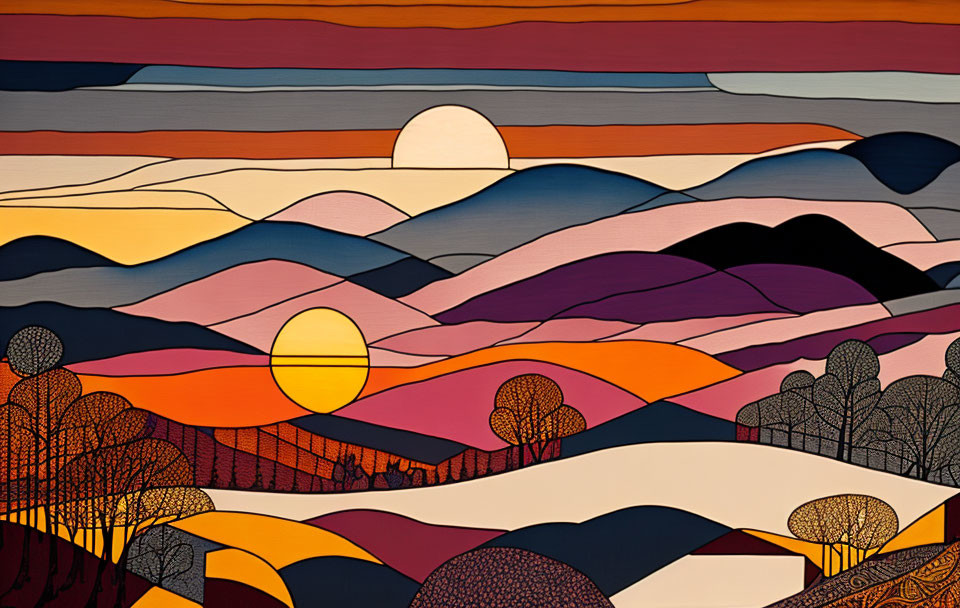 Colorful Stylized Landscape with Layered Hills and Sun