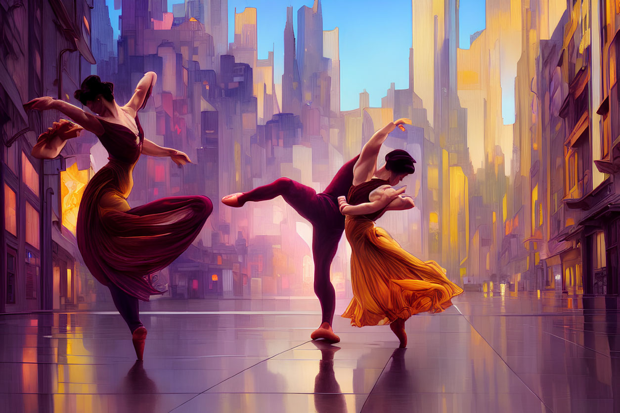 Urban street dancers in flowing dresses at sunrise or sunset with skyscrapers.