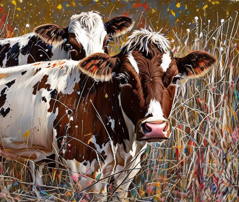Colorful painting of two cows in grassy field