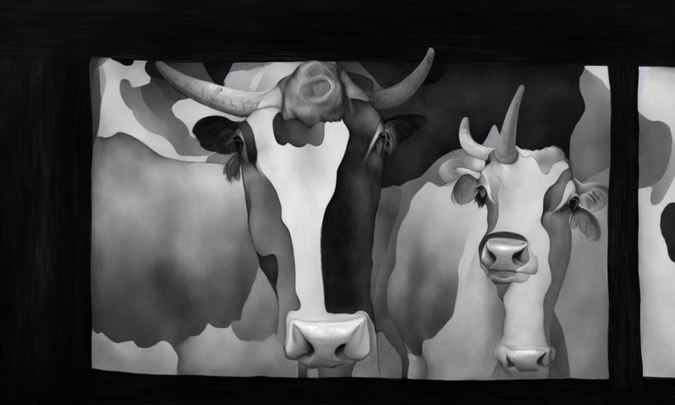 Stylized black and white painting of three cows with patterns and horns