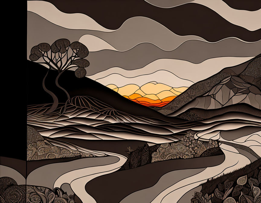 Artistic portrayal of rolling hills, tree, and sunset with intricate patterns and earth tones.