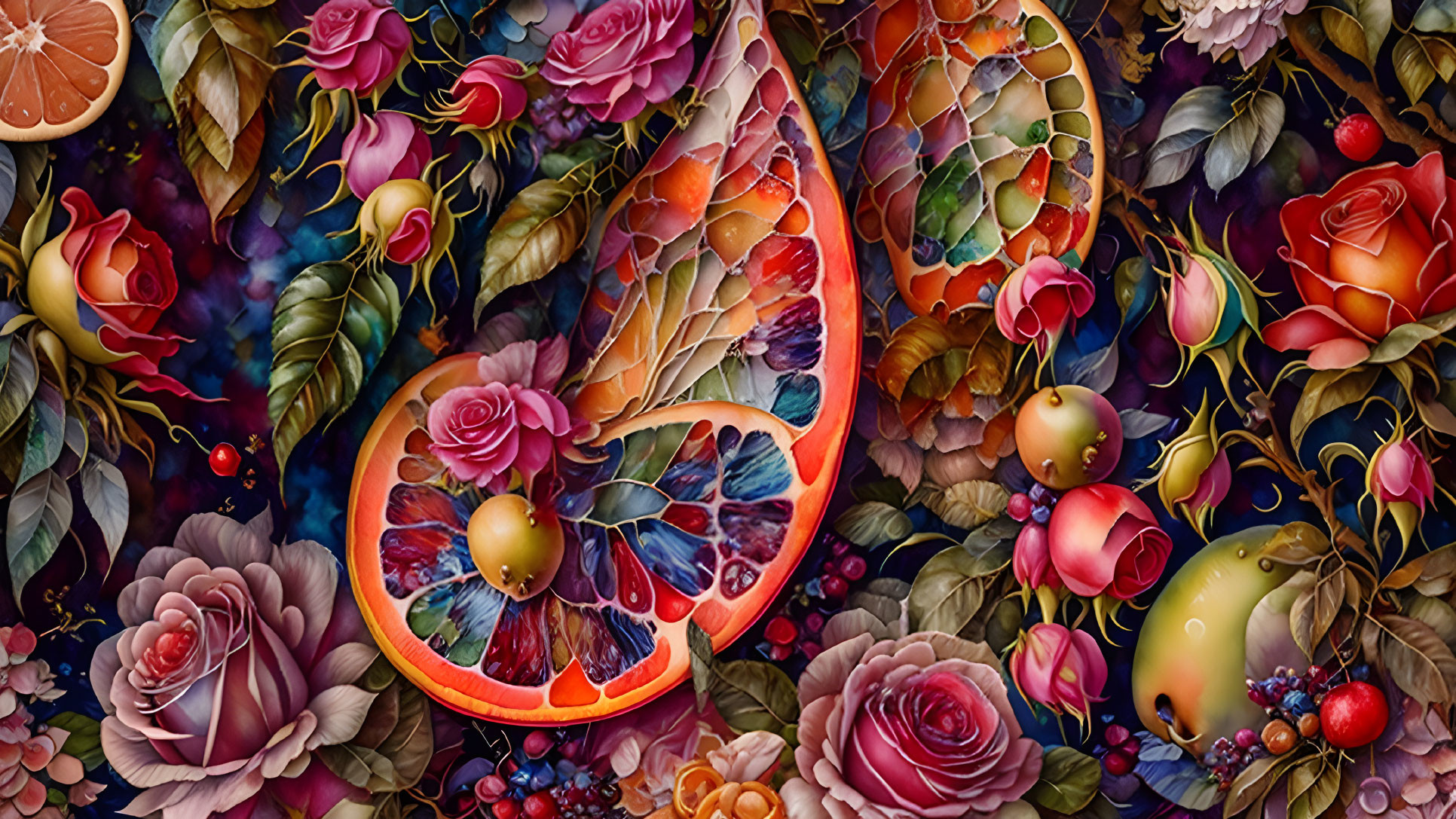 Colorful still life painting with oranges, roses, berries, and leaves on dark background