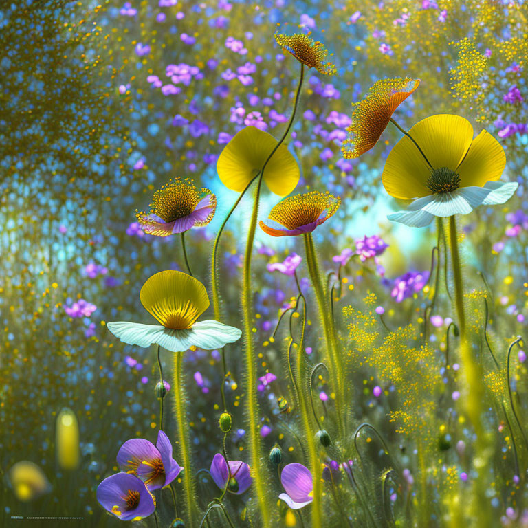 Colorful digital illustration: stylized yellow and purple flowers on bokeh background.