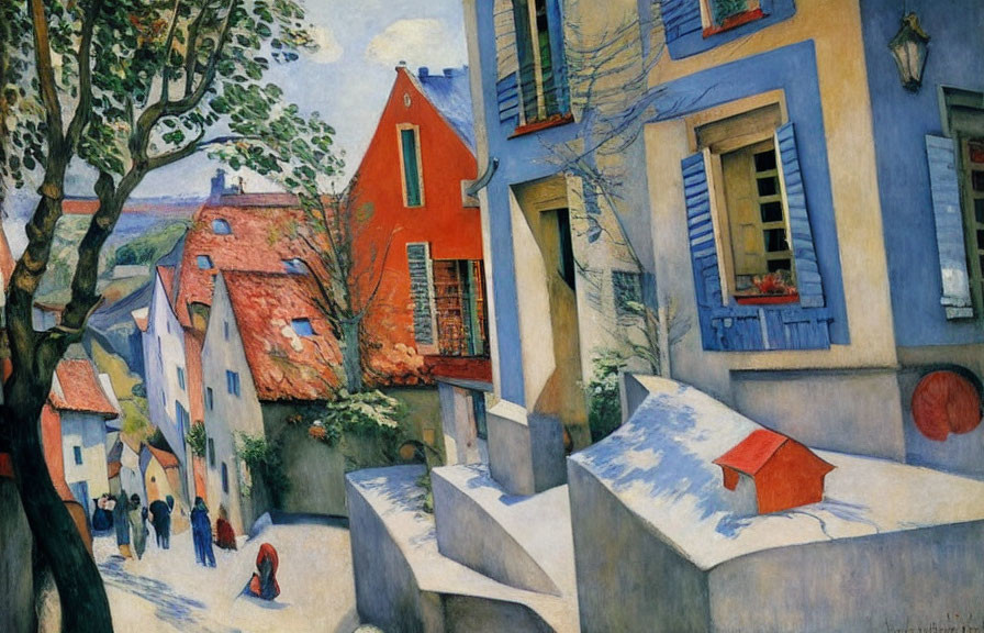 Vibrant Post-Impressionist village painting with colorful houses and cobblestone street