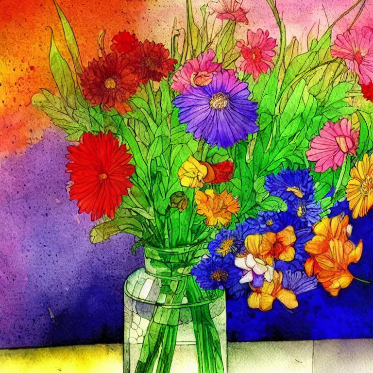 Colorful Watercolor Painting of Flowers in Clear Vase on Gradient Background