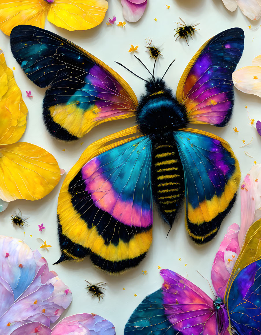 Colorful Butterfly Model Surrounded by Butterflies, Petals, and Bumblebees