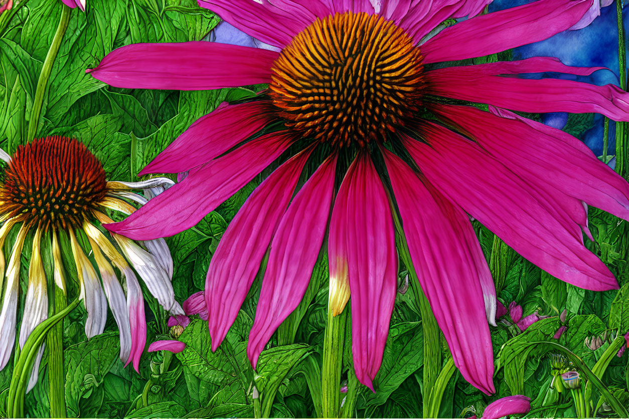 Colorful Coneflowers Illustration with Pink and White Petals