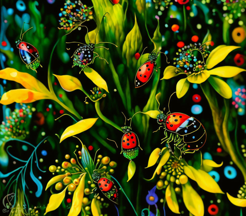 Colorful painting of stylized ladybugs on vibrant foliage