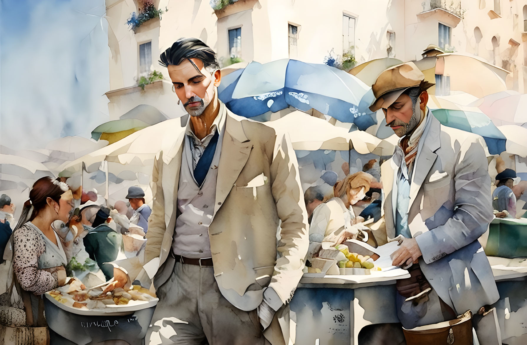 Two elegantly dressed men at a market stand under blue umbrellas amidst a bustling crowd.