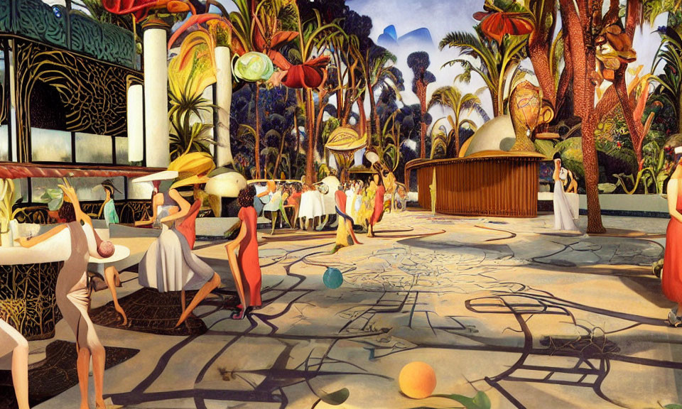 Surreal Artwork: People with Fruit-Shaped Heads in Exotic Architectural Setting