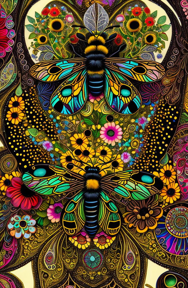 Colorful Psychedelic Illustration with Bees and Floral Patterns