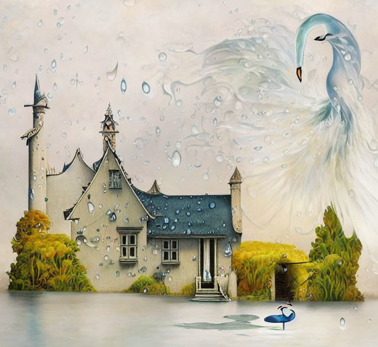 Swan-like figure in flight with droplets, quaint house, and castle tower reflected in serene water