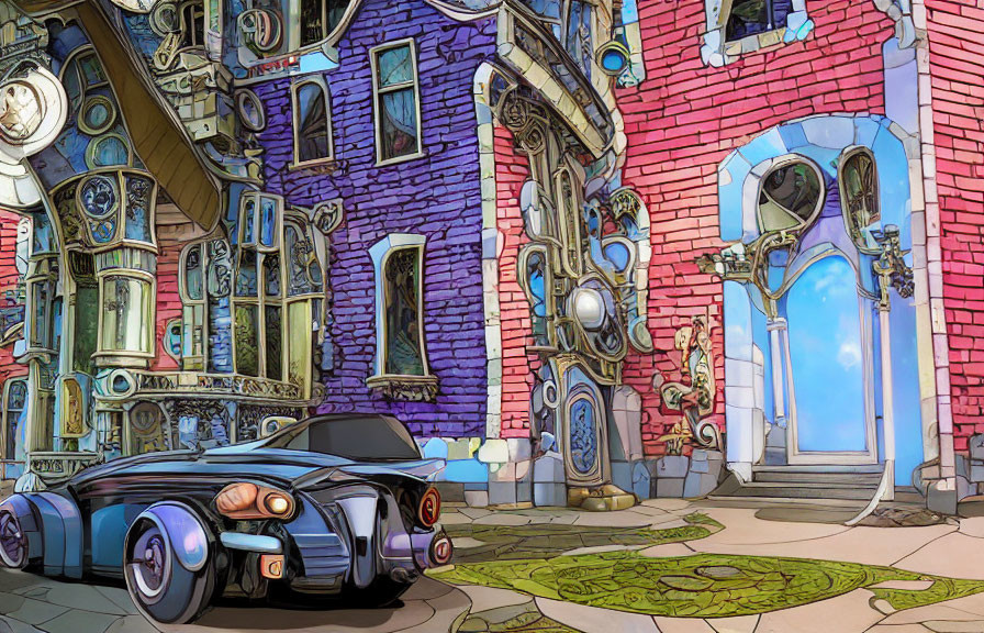 Stylized vintage car parked by colorful whimsical buildings