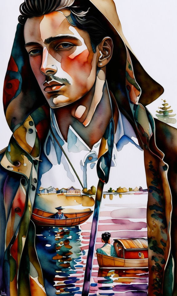 Vividly colored portrait with scenic landscape and boat motifs integrated into coat