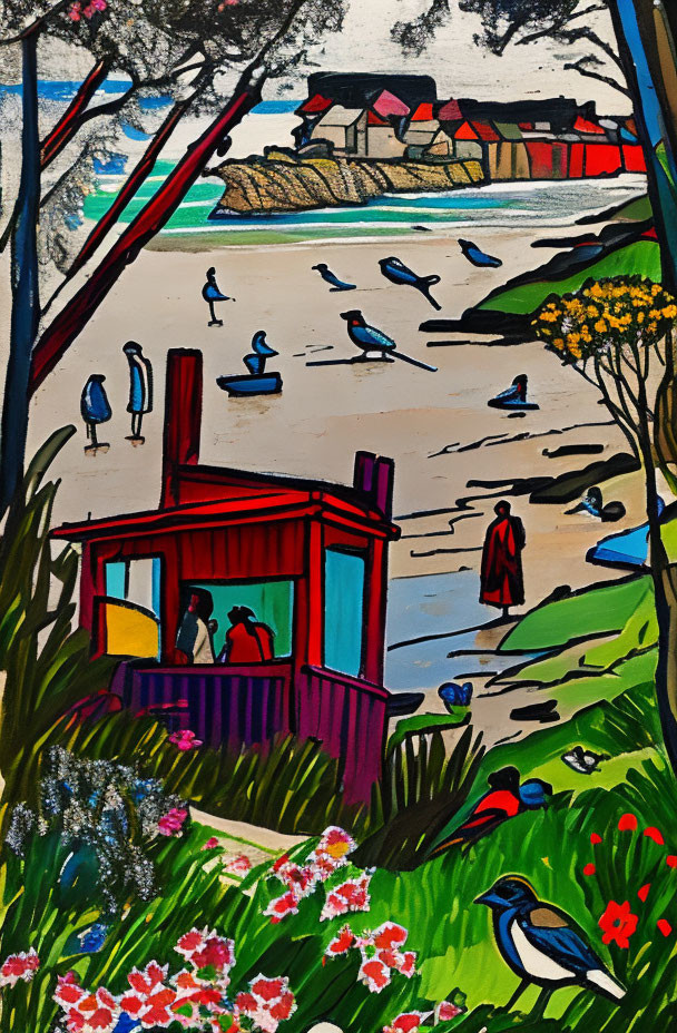 Colorful beach scene painting with red lifeguard hut, strolling people, seagulls, and