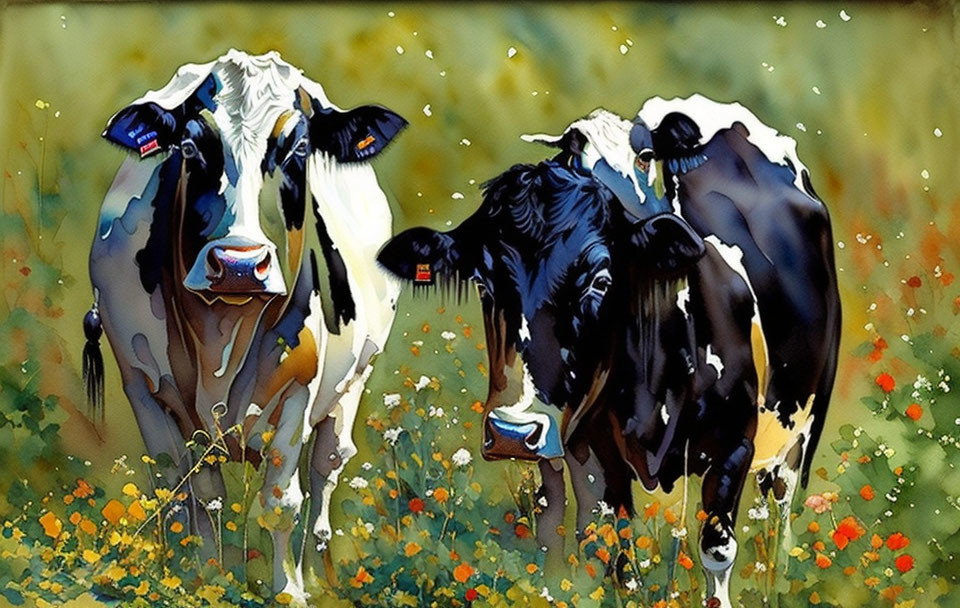 Colorful Field with Three Cows and Vibrant Flowers