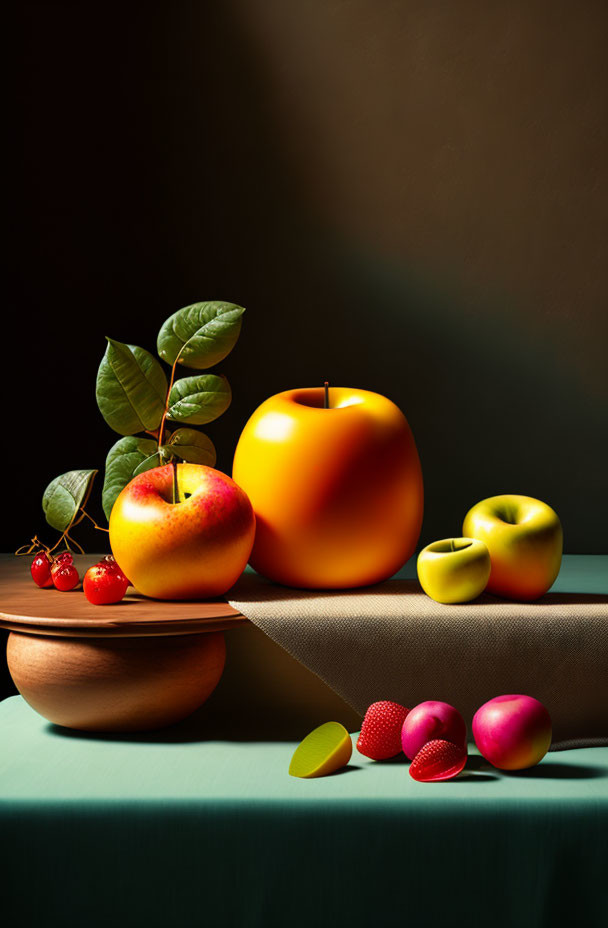 Realistic artificial fruit still life with large apple and contrasting shadows