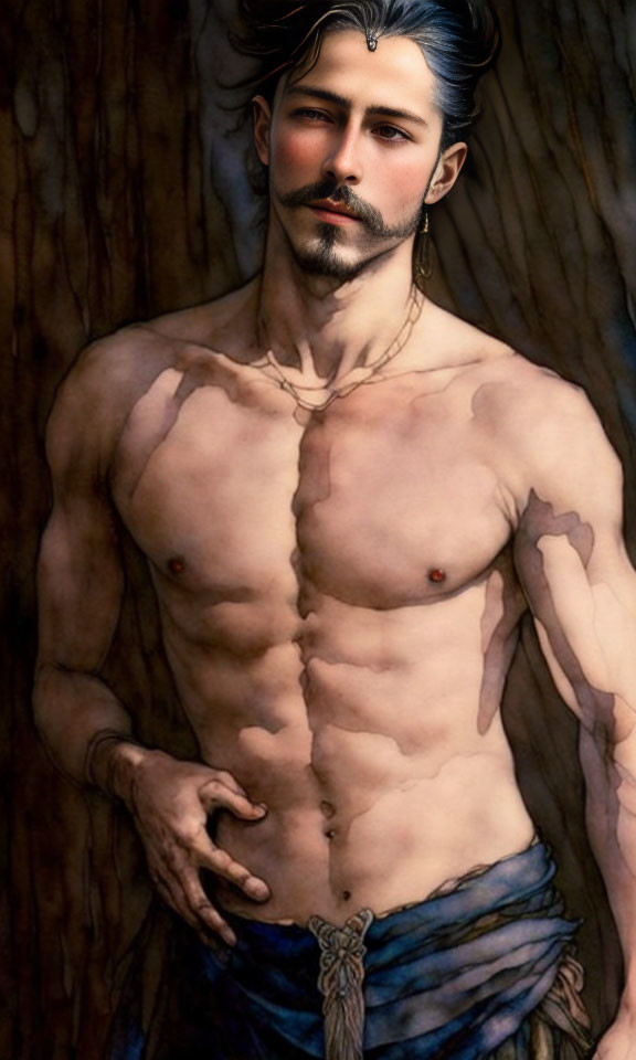 Illustration of shirtless man with defined physique, beard, and long hair against wooden backdrop