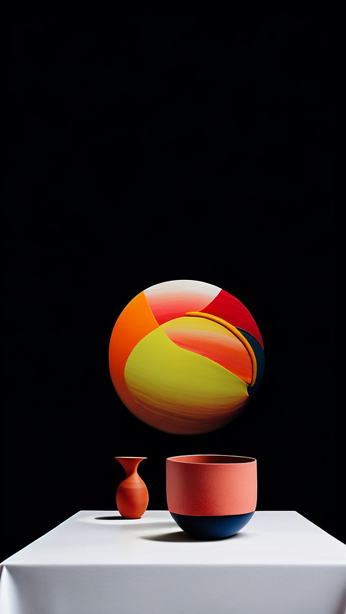 Colorful Abstract Ball Levitating Above Table with Vase and Bowl