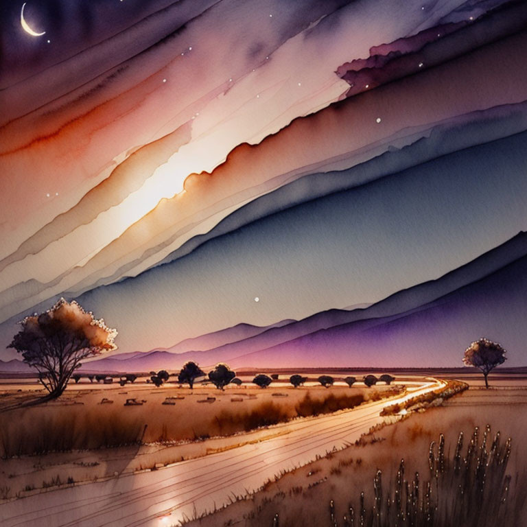 Nighttime landscape watercolor painting with winding road, mountains, tree, and starry purple-orange sky