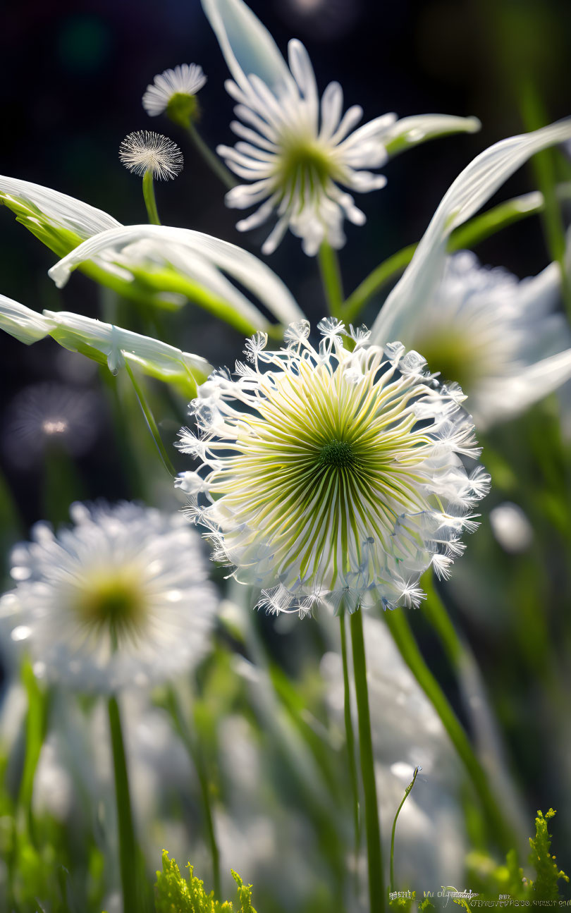 Delicate white flowers with feathery petals in sunlight.