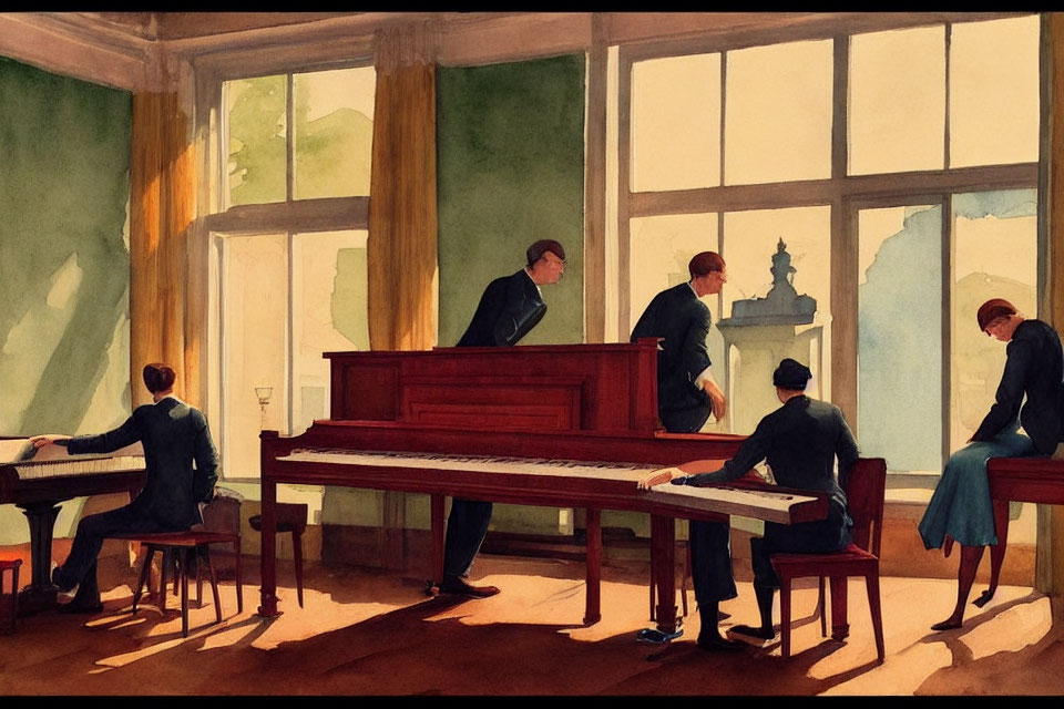 Six people in room with pianos in soft sunlight watercolor painting