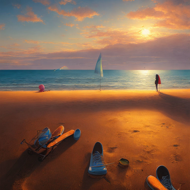 Tranquil sunset beach scene with person, sailboat, colorful sky, shoes, kayak, and