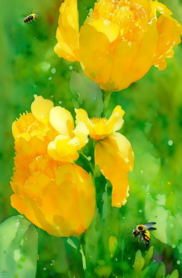 Vibrant yellow flowers with dew drops and bees on blurred green background